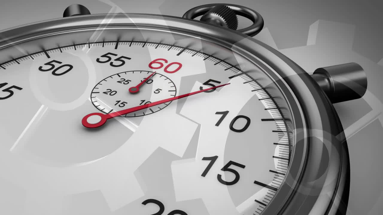 animación del stopwatch haciendo tic-tac sobre los engranajes que trabajan en segundo plano