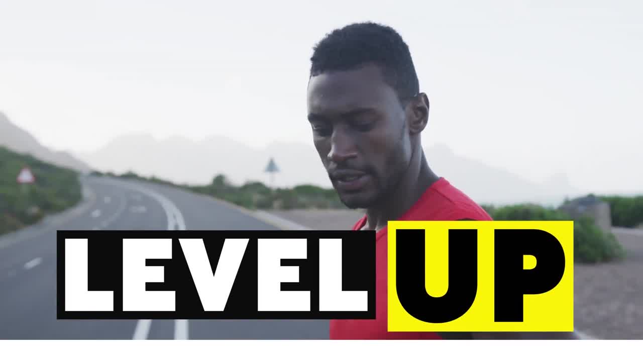 Animation of the words level up in black and white over man exercising on mountain road resting