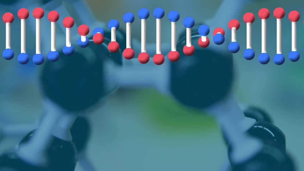 실험실에서 여러 장비의 클로즈업에 대해 회전하는 dna 구조
