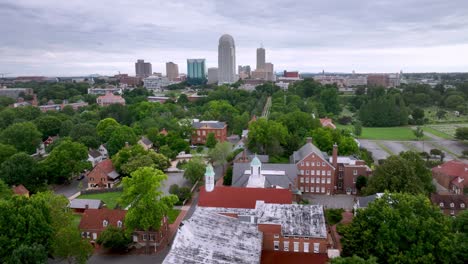 aerial fast pullout from winston salem nc, north carolina skyline over old salem nc