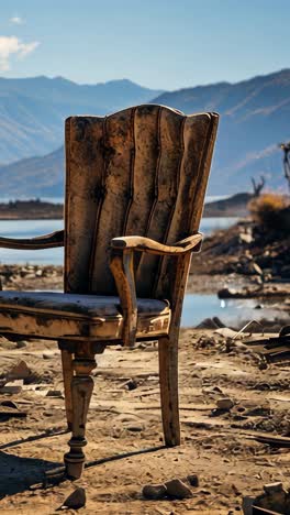 lonely chair amid ruins with mountains in the background
