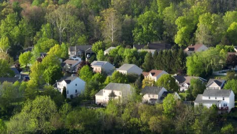 A slow cinematic shot with long aerial zoom lens of a group of houses sitting on a culdesac in the suburbs of the town in the USA