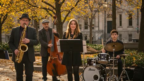 a dynamic quartet performance in an autumn park: musicians bring melodies to life amidst golden leaves and natural beauty