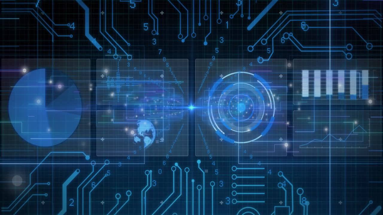 Animation of digital interface with circuit patterns and data visualizations