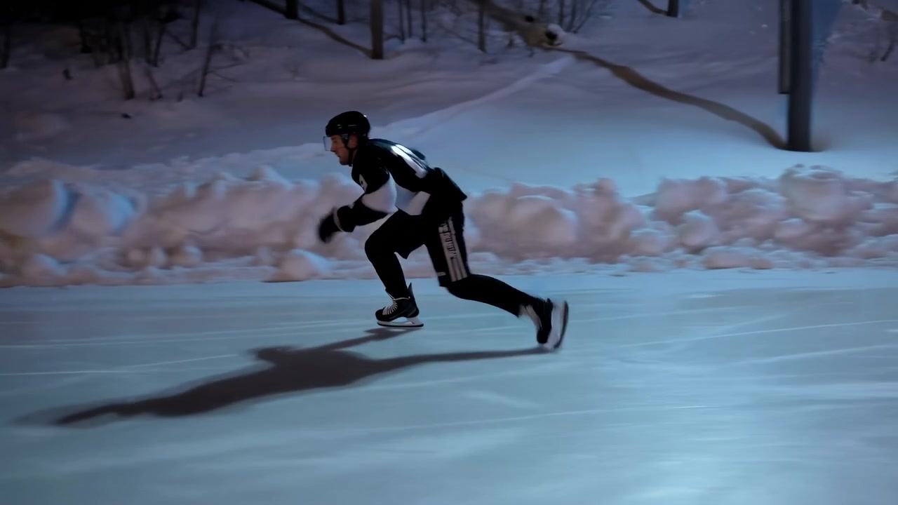 A solitary skater in dark winter clothing moves across an icy outdoor surface near a snowy embankment, with bare trees in the background under cold blue evening light