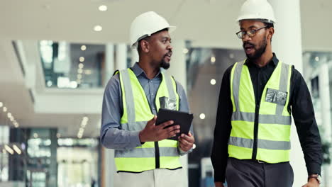 teamwork, tablet and engineer people talking