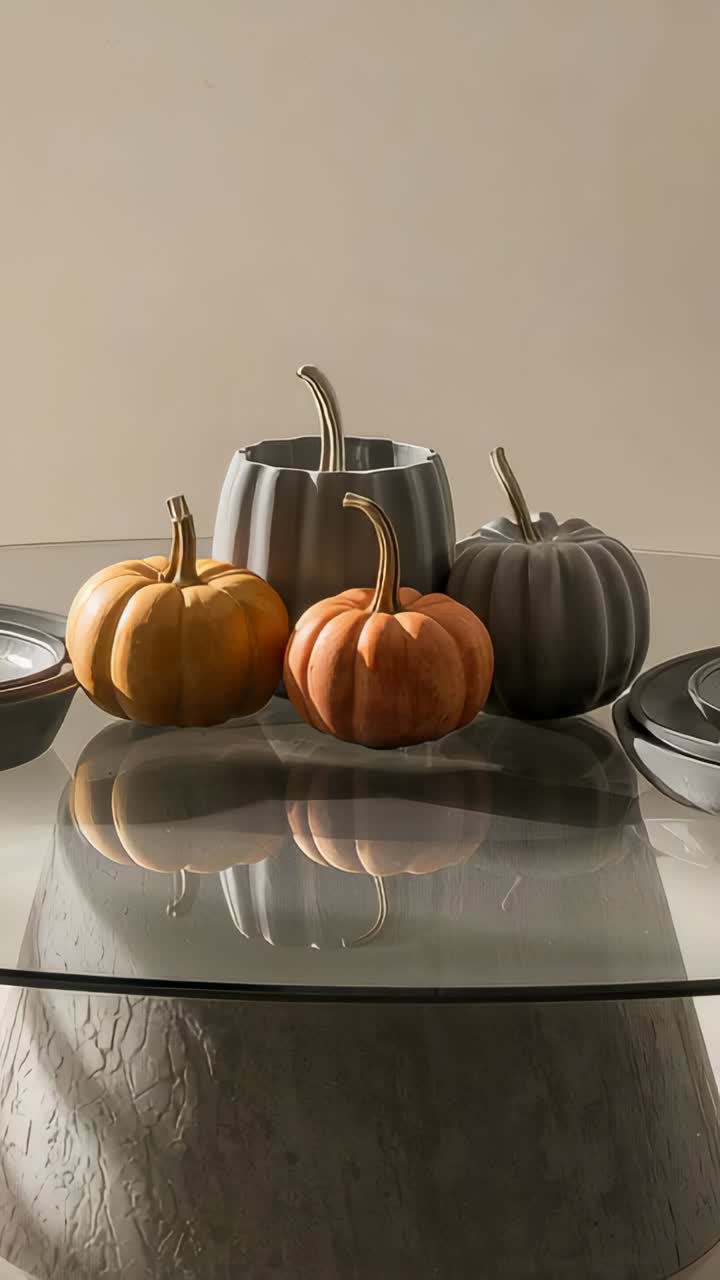 Vertical video: Shifting camera showing pumpkins on glass table highlighting gold stem reflections