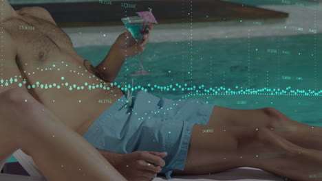 animation of charts processing data over caucasian man with cocktail by sunny swimming pool