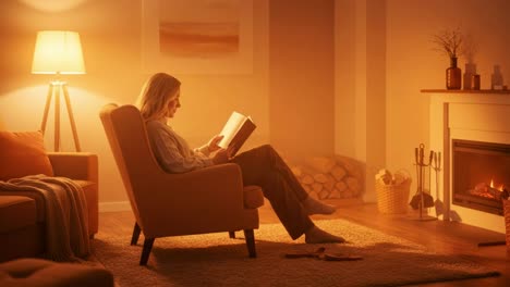 enjoying a relaxing evening at home, surrounded by warm, inviting lighting and a captivating book in front of the fireplace