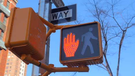 red traffic signal don't walk, raised hand at the crossing