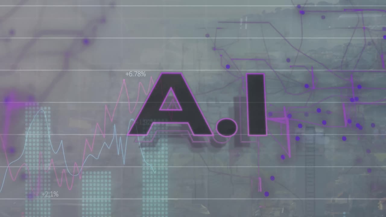 Animation of ai text, multiple graphs and changing numbers over abstract background