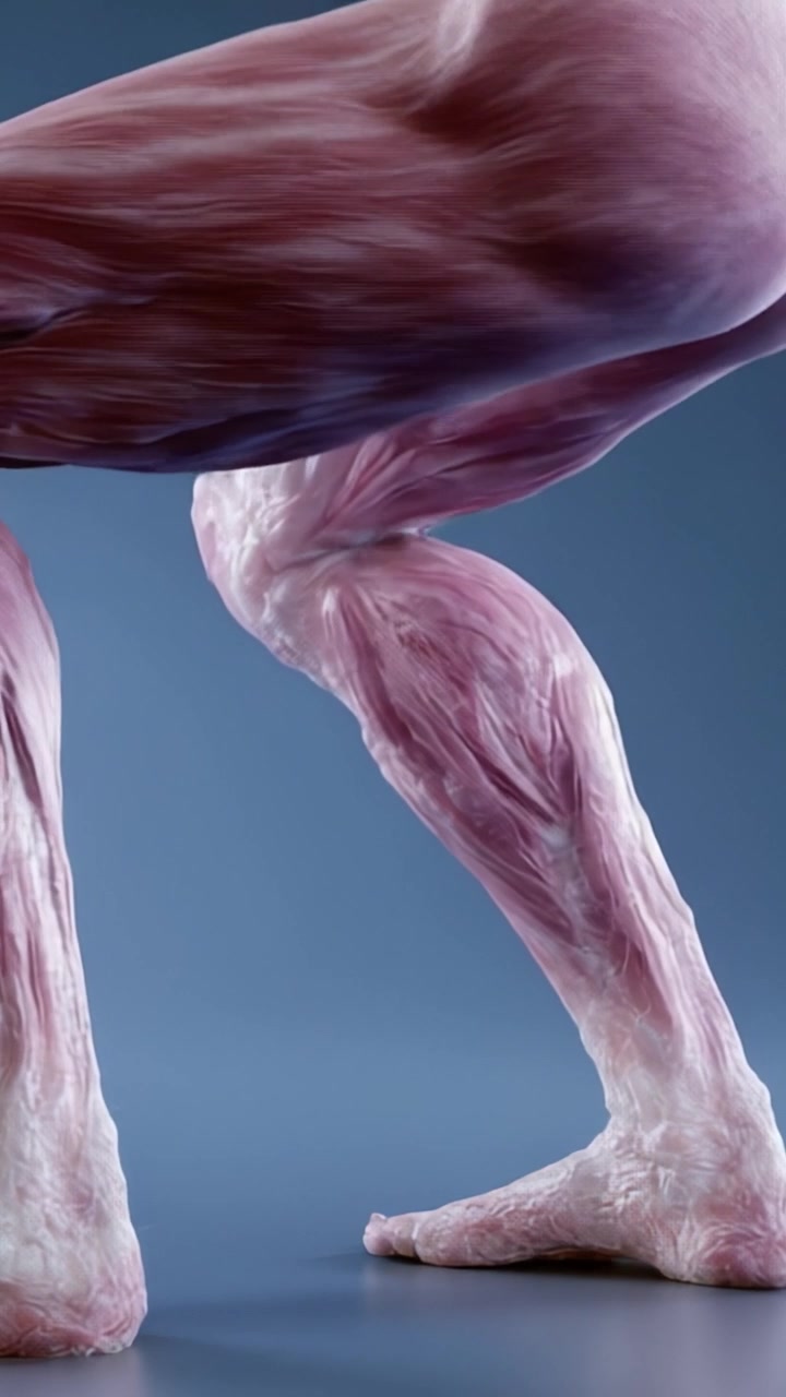 Rappresentazione dettagliata degli arti inferiori umani: un primo piano che mostra la muscolatura, la texture della pelle e la struttura anatomica delle gambe.