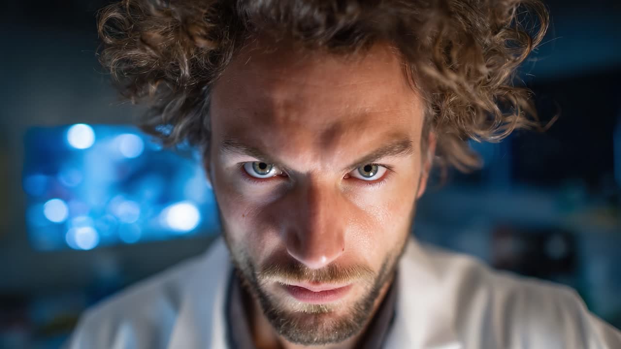 Intense Scientist Observing an Experiment with Focused Expression in a Laboratory Setting, Highlighting Curiosity and Determination in Scientific Research