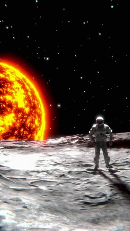 astronaut on the moon facing a fiery sun