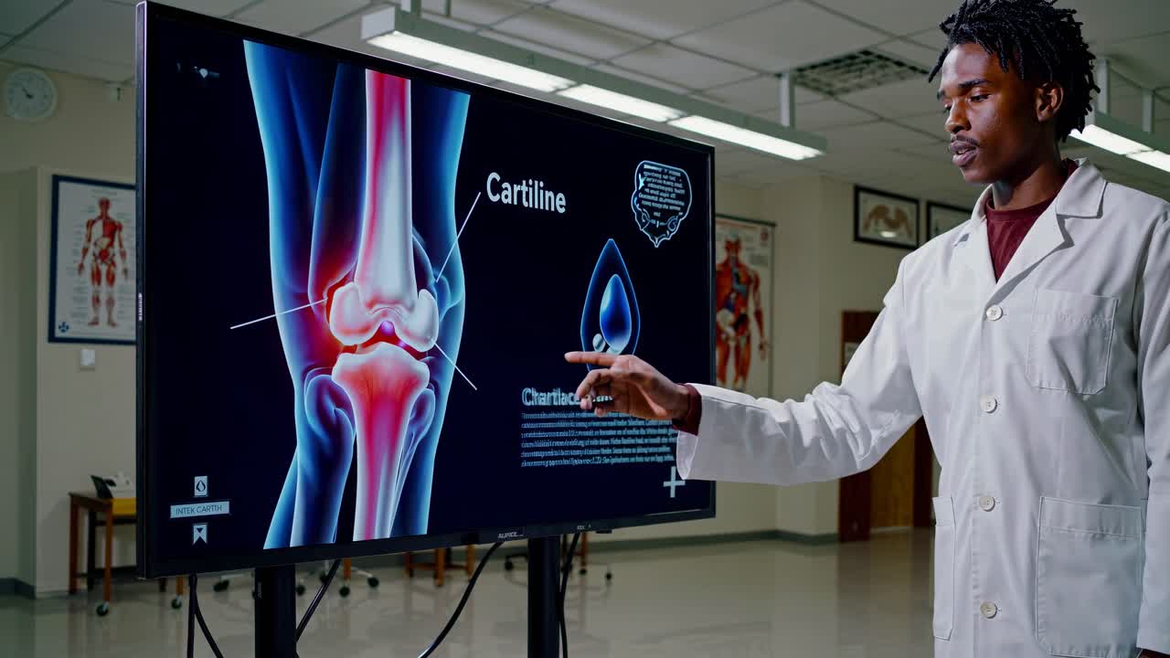 A male doctor examines a knee X-ray on a screen in a medical lab. The doctor, wearing a lab coat