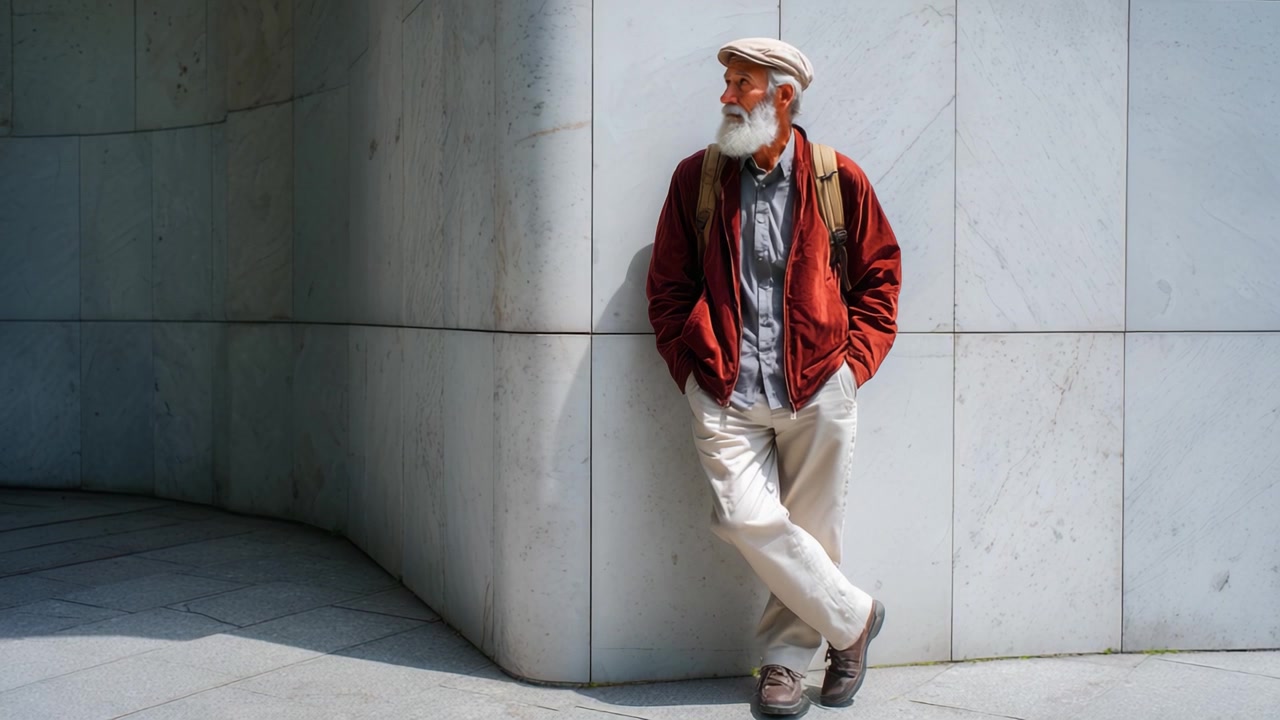An elderly man casually leans against a stone wall, dressed in a red jacket and cap, exuding wisdom and calmness in a minimalist urban setting.