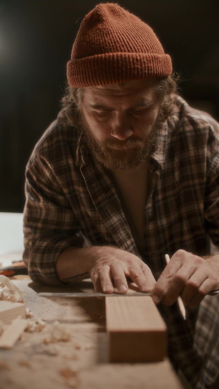 Carpenter Marking Wooden Beam for Cutting in Woodworking Workshop