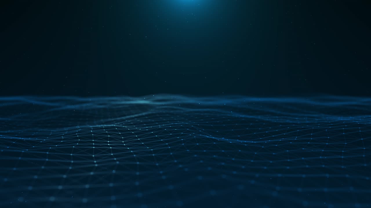 Abstract animation showing dynamic plexus wave grid pattern glowing across digital surface data