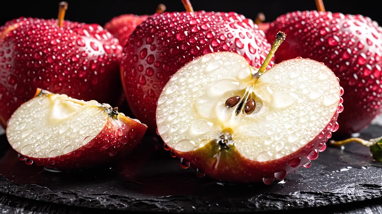 Prossimo piano di mele rosse fresche con gocce d'acqua