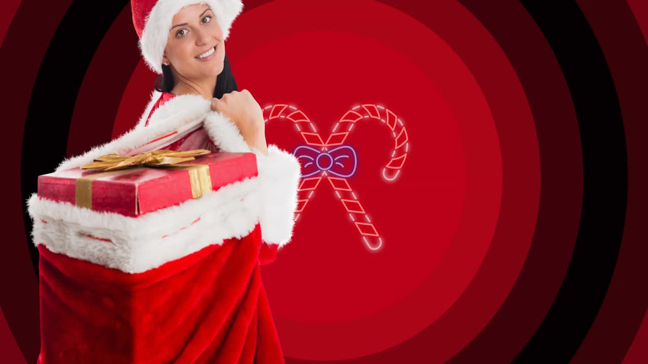 animación de una mujer en traje de santa con una bolsa de regalos de navidad sobre bastones de caramelo en círculos rojos