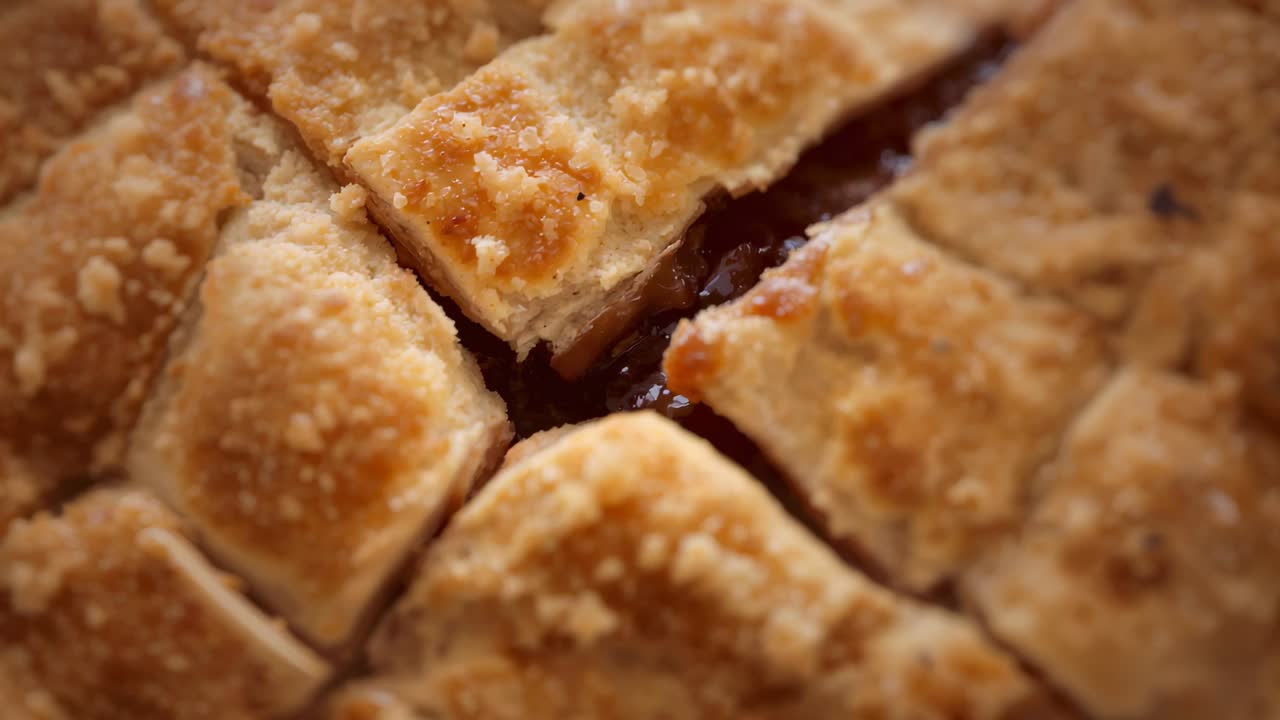 Pulling back camera revealing pre-cut pastry squares on counter, showing flaky sugar crust and jam