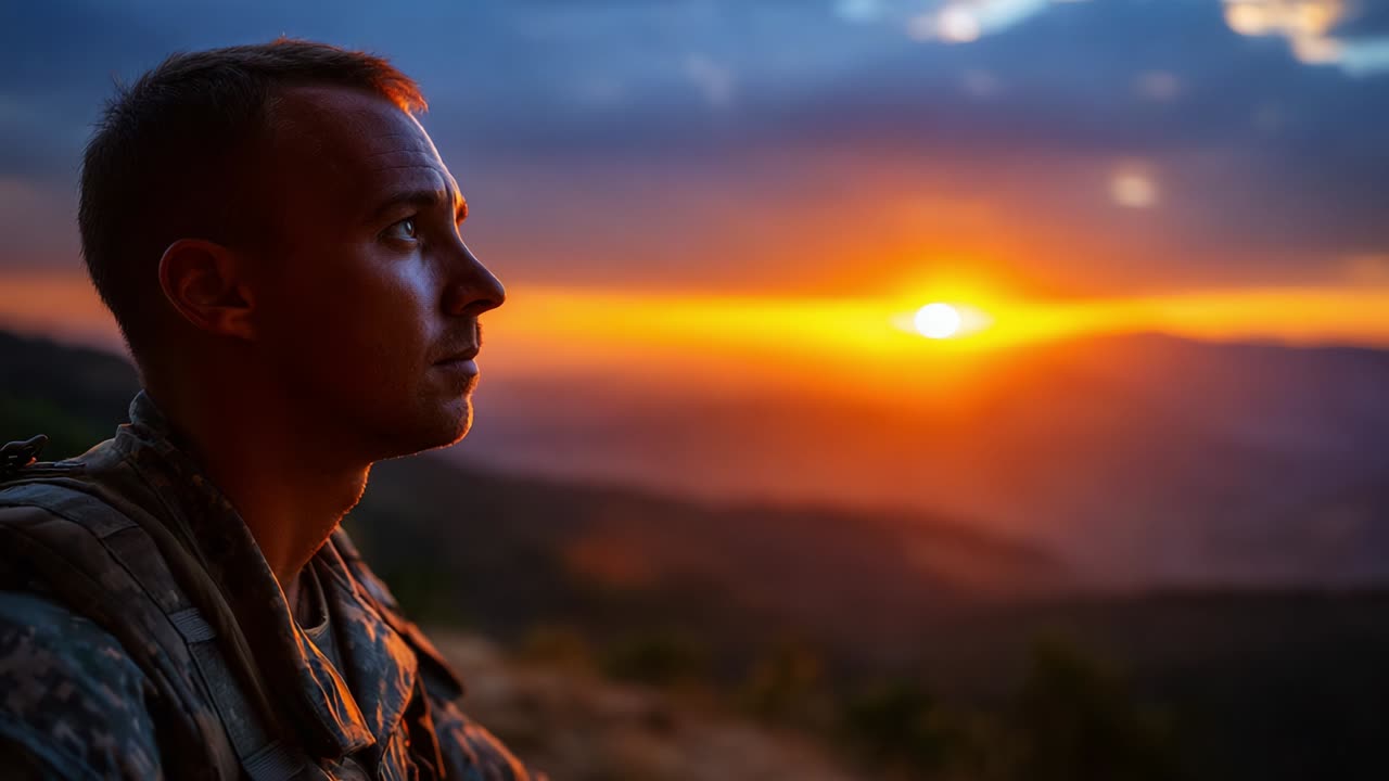 A Soldier's Reflective Moment: Contemplating the Gorgeous Sunset Over the Mountains, Capturing the Essence of Nature and Humanity in a Serene and Inspirational Atmosphere
