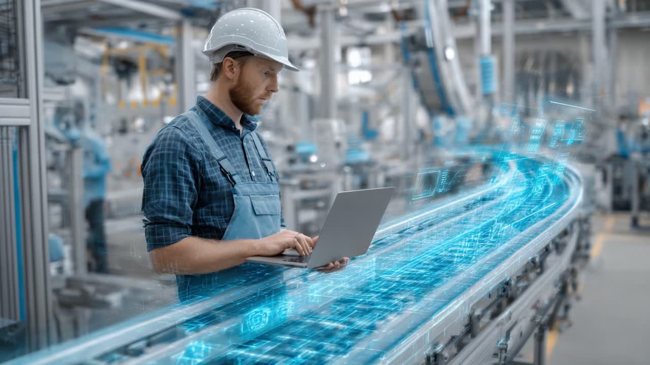 A Worker in a Modern Factory Utilizes Technology to Optimize Production Processes While Wearing a Safety Helmet and Engaging with a Laptop in an Advanced Manufacturing Environment