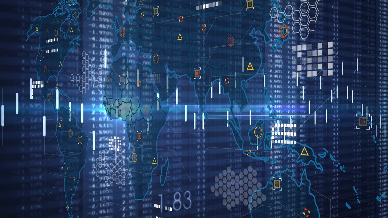 Animation of digital world map showing network connections and data processing