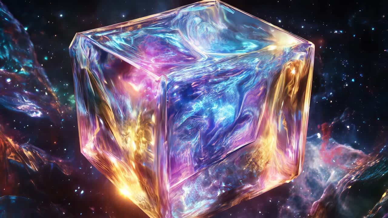 하이퍼스페이스에서 추상적으로 빛나는 크리스탈 큐브