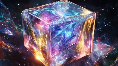 cubo de cristal brillante abstracto en el hiperespacio