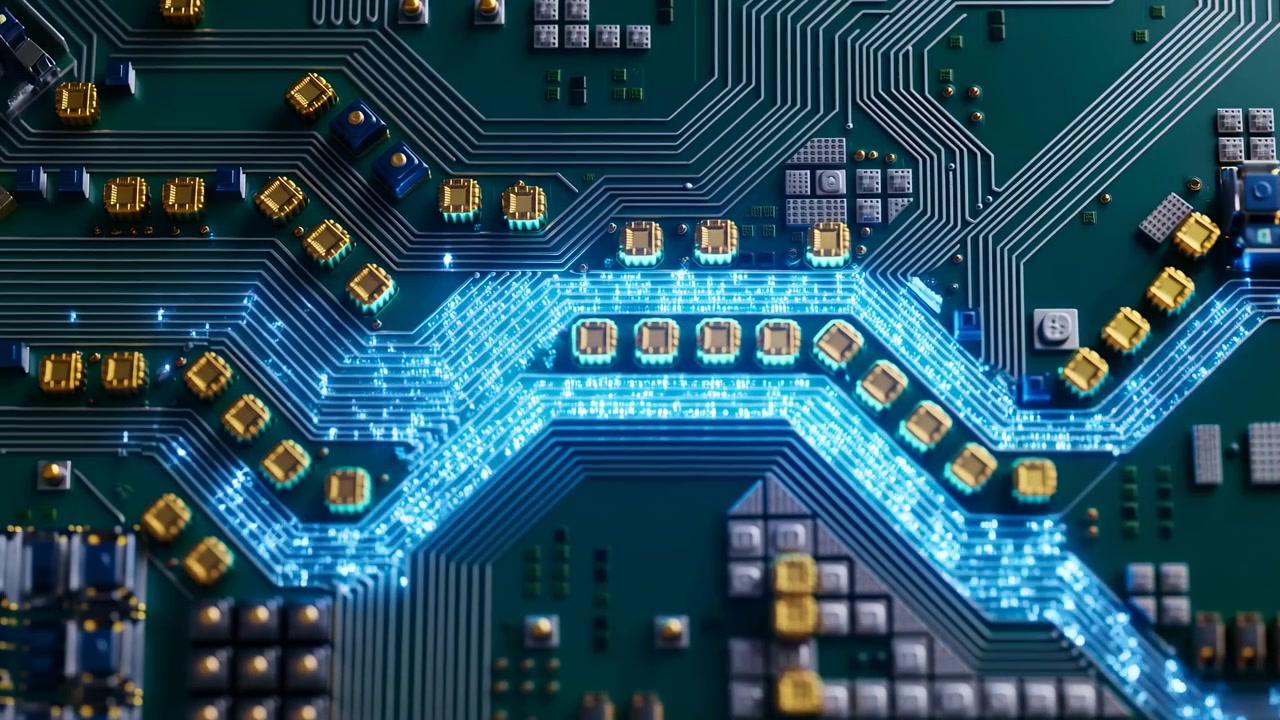 Glowing Blue Data Streams On Motherboard, Microchip Traces Winding Through Gold Pads And Components, Pulsing