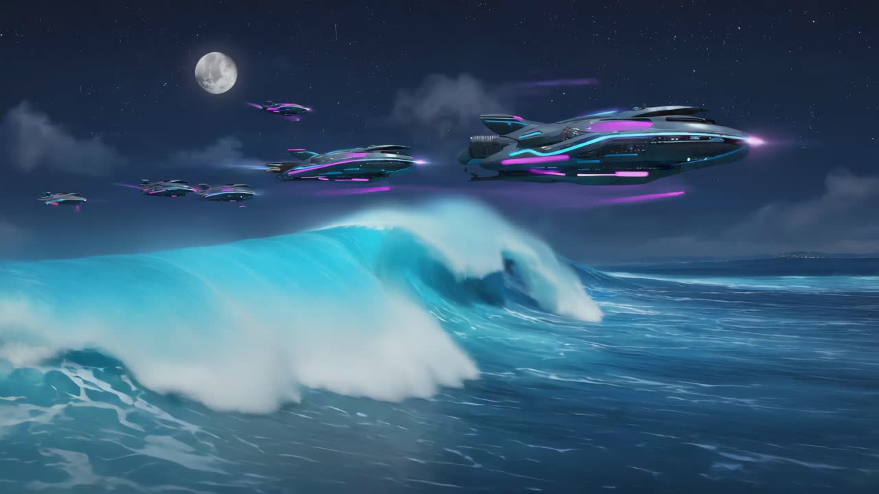 Futuristic Spaceships Flying Over Ocean Waves at Night