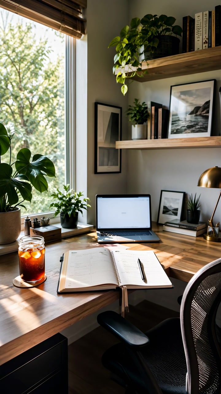 Warm daylight fills a tidy wooden desk as laptop display changes from dark to bright, with open notebook and pen in foreground, iced beverage, green plants, shelves, and framed pictures.
