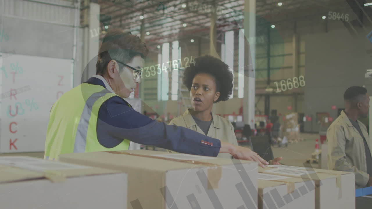 Animation of financial data processing over diverse people working in warehouse