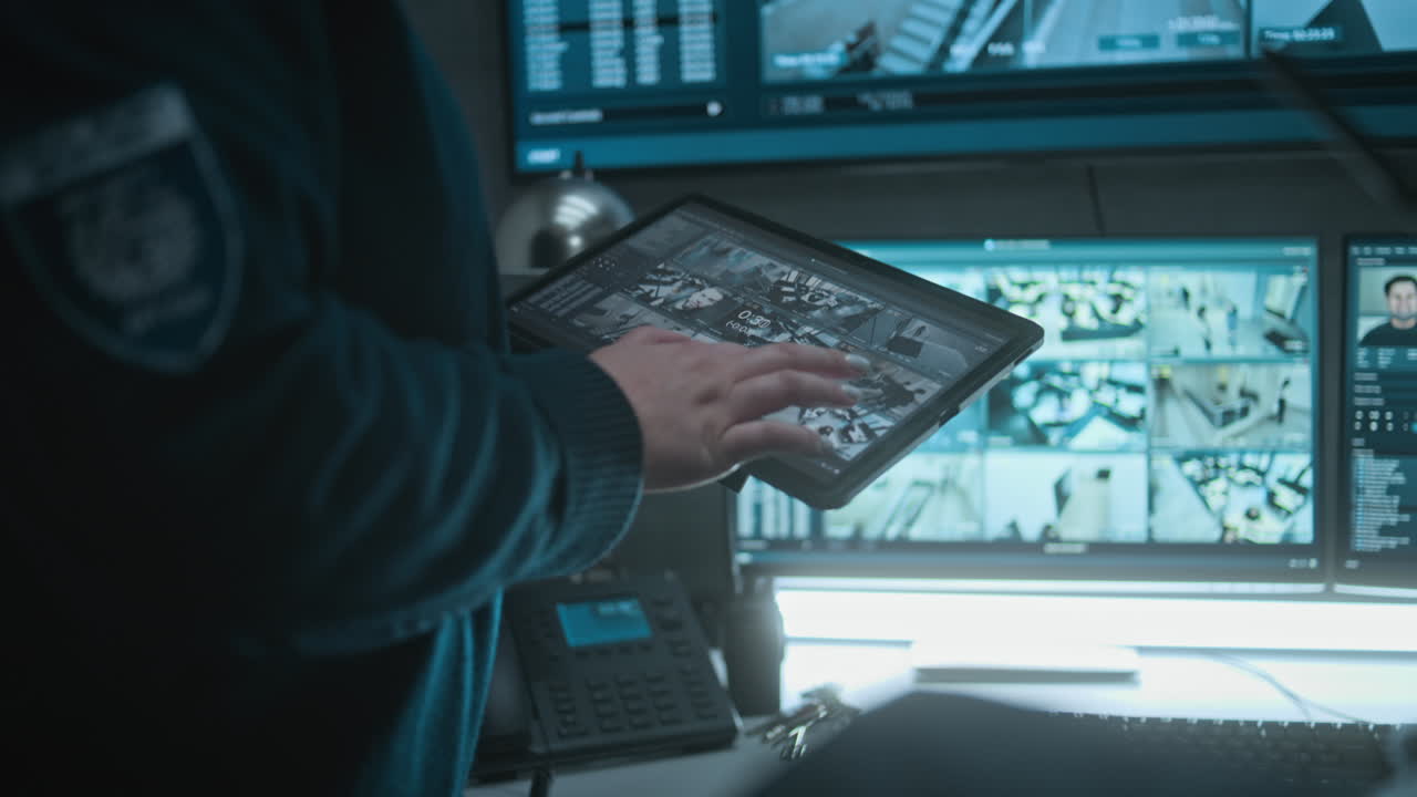 Security Officer Monitoring Surveillance System in Control Room at Night
