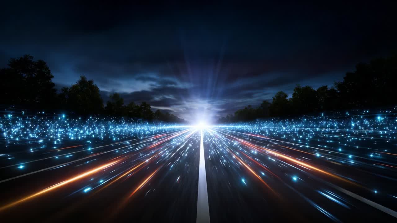 Una straordinaria immagine dell'evoluzione dei moderni trasporti: catturare l'essenza del movimento frenetico attraverso luminose scie di luce su una strada buia sotto il cielo crepuscolare