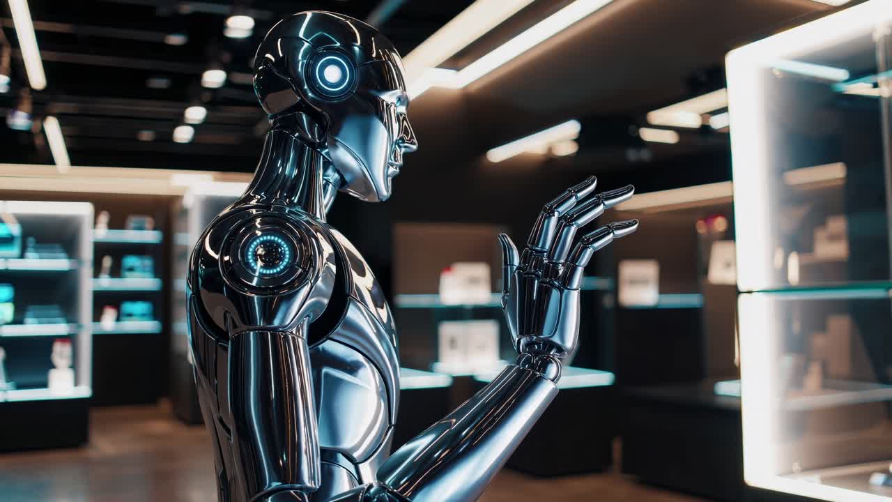 robot metálico explorando productos detrás de pantallas de vidrio en un entorno minorista futurista, mostrando tecnología avanzada y experiencia de compra automatizada