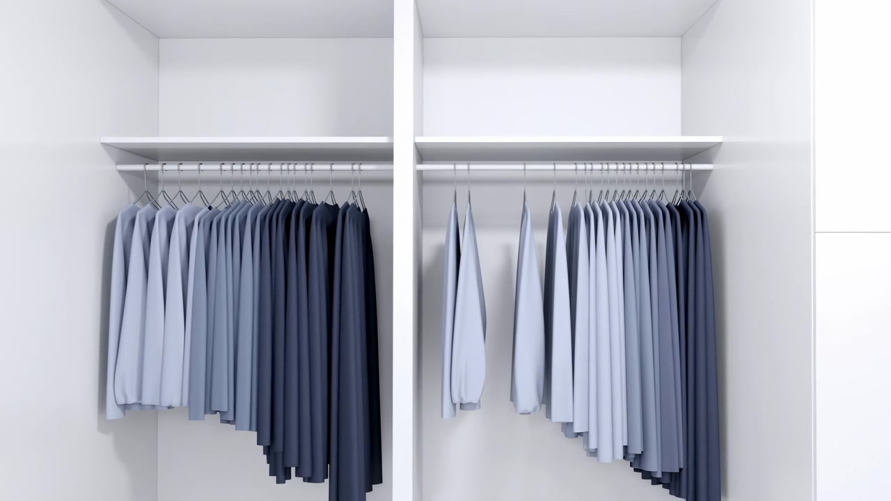 Armadio bianco minimalista con camicie blu. Stilista di vendita al dettaglio che sistema un guardaroba capsula in uno showroom sereno.