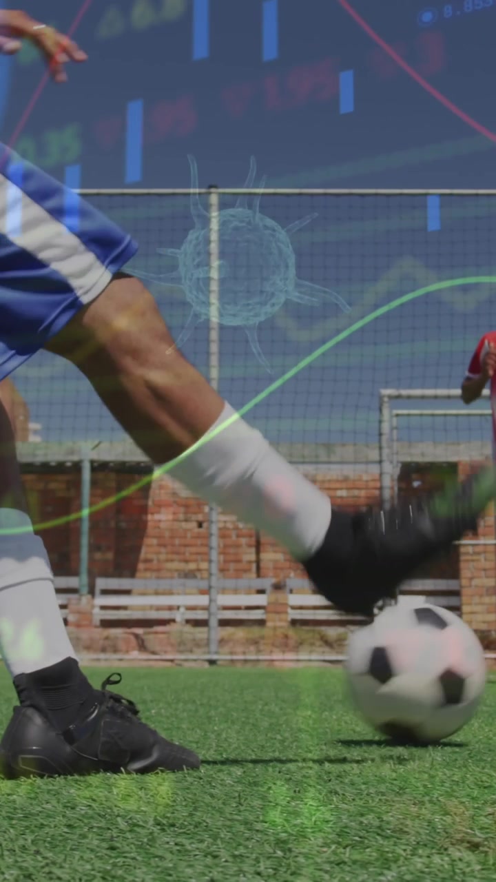Animación de interfaz procesando datos sobre un grupo diverso de futbolistas masculinos en acción