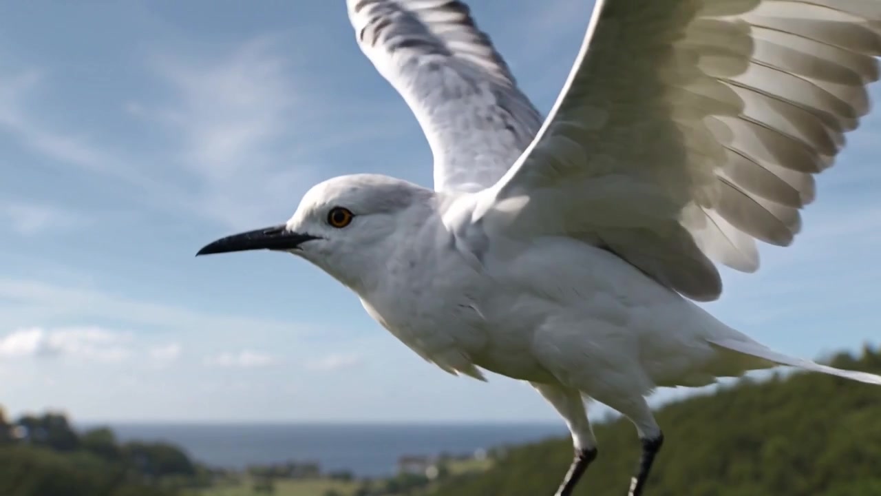 Un uccello marino bianco, spostando il peso, si lancia dalla costa verso la telecamera, aprendo le ali per volare oltre un ramoscello.