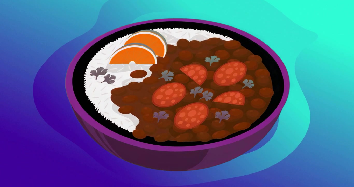 Tigela roxa surgindo gradualmente, exibindo arroz e curry com fatias laranja e vermelhas em um fundo gradiente