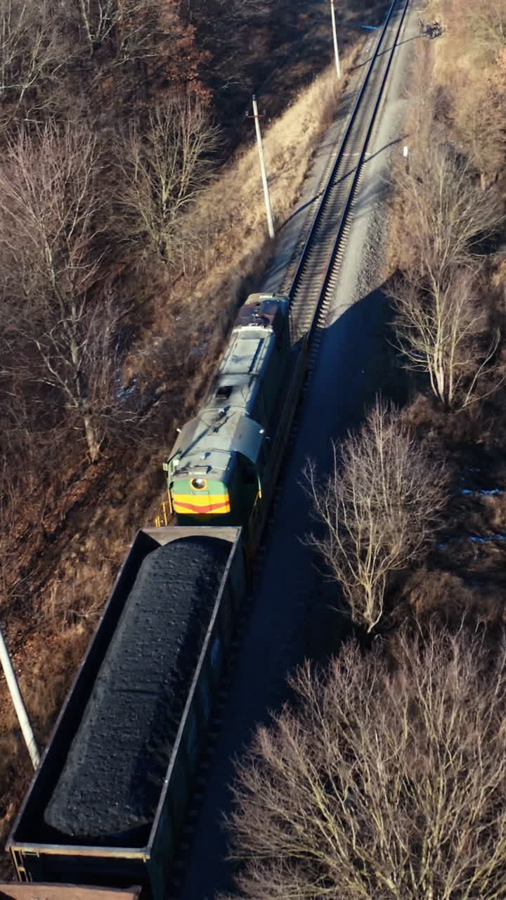 Aerial view of the forest in winter. Aerial view of a road in the middle of the forest Vertical video