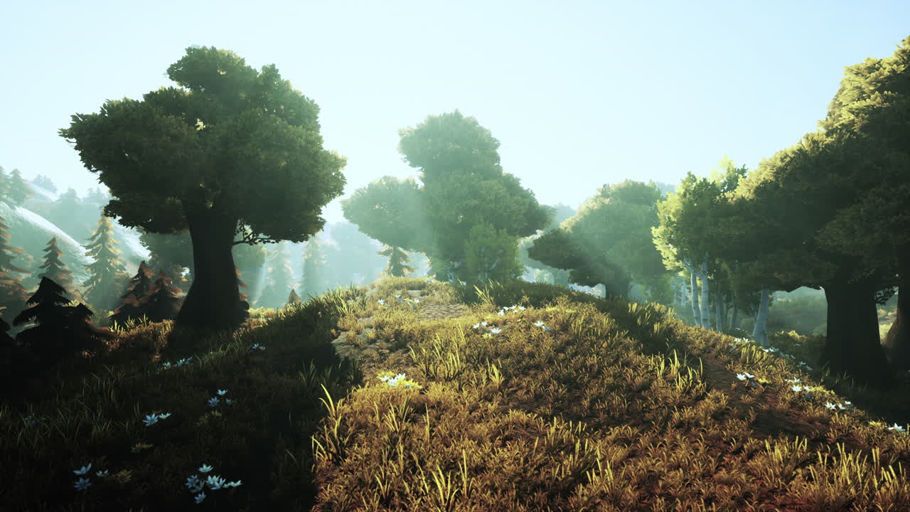 лесные деревья в мультфильме, освещенные золотым солнечным светом