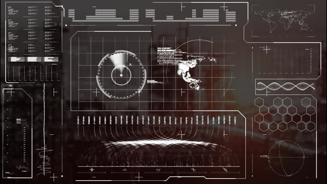 animación de mapa, globo, barras de carga, onda de sonido sobre edificios modernos contra el cielo nublado