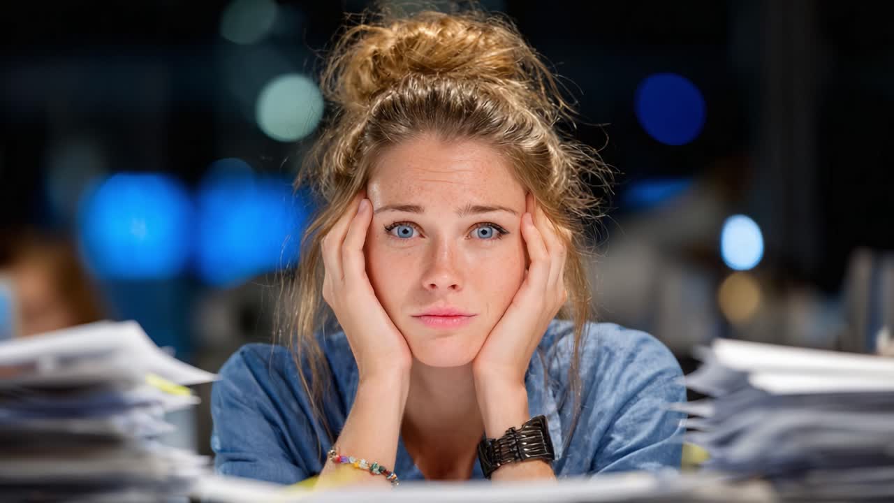 A woman gazes distressingly at a mountain of paperwork, capturing the overwhelming feeling of stress and anxiety in a bustling office environment