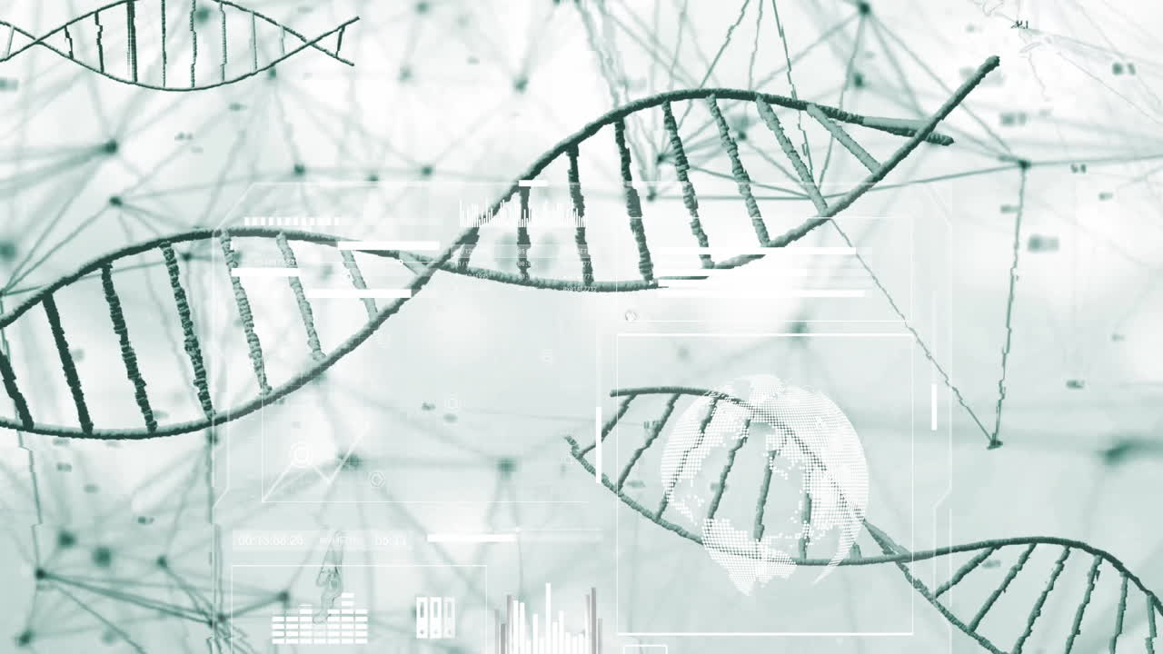 Animation of DNA strands with network connections in scientific data visualization