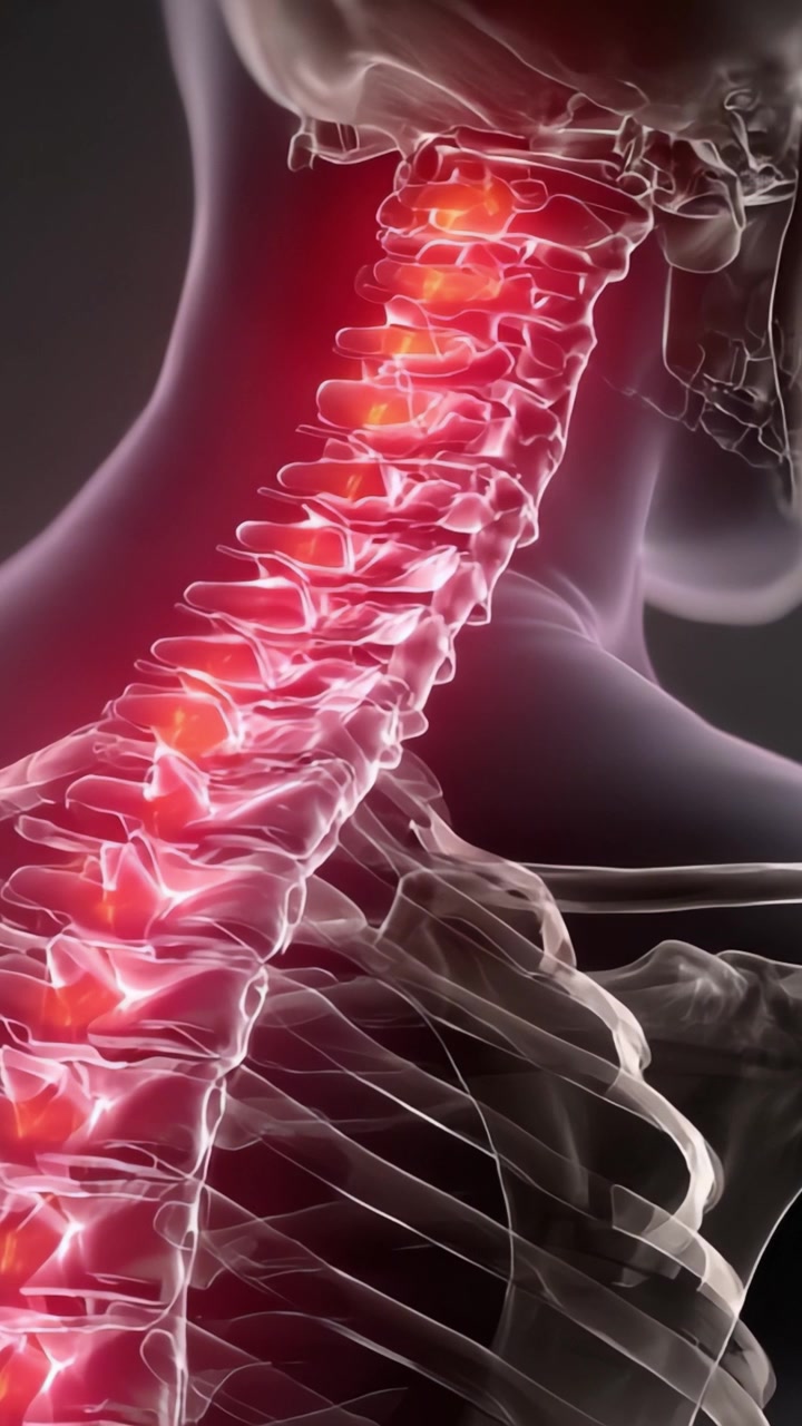 Et dybdegående kig på menneskets rygsøjle: En nærmere undersøgelse af hals- og brystrygsøjlen med fremhævede områder med stress og inflammation