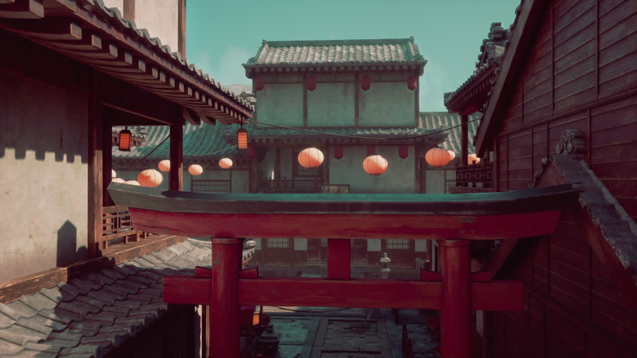 una vista de un edificio con linternas colgando de su techo