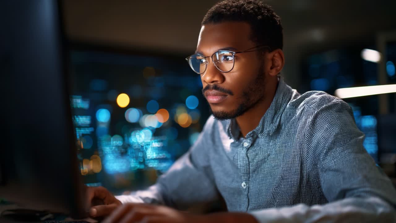 Focused Professional Working Late at Night on Computer in Office Environment, Engaged in Task with Bright City Lights Glimmering in the Background