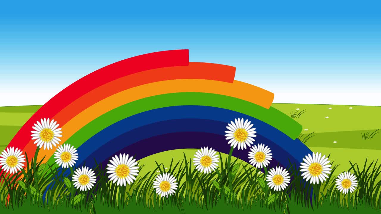 Faixas coloridas do espectro deslizam horizontalmente para formar um arco-íris sobre um campo florido ensolarado